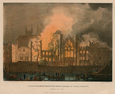 Vista de la Destrucción de Ambas Casas del Parlamento, 16 de Octubre de 1834 de English School