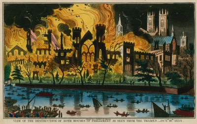 Vista de la Destrucción de Ambas Casas del Parlamento Vista desde el Támesis, 16 de Octubre de 1834 de English School