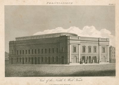 Vista de las fachadas norte y oeste del Teatro Drury Lane, Londres de English School