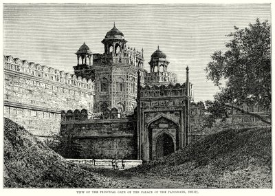 Vista de la puerta principal del palacio de los Padishahs, Delhi (grabado) de English School