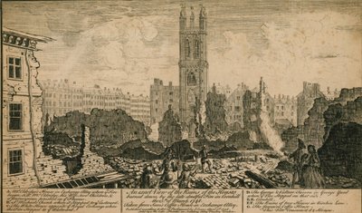 Vista de las ruinas de las casas quemadas por el incendio en Cornhill, Londres, el 25 de marzo de 1748 de English School