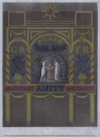 Vista de la espléndida iluminación en la casa de M Otto en Portman Square, Londres, en la noche de la proclamación de la paz, 29 de abril de 1802 de English School