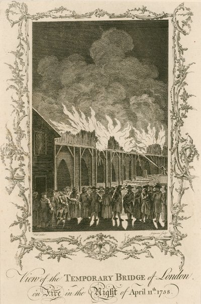 Vista del puente temporal de Londres en llamas en la noche del 11 de abril de 1758 de English School