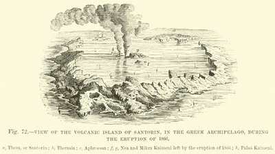 Vista de la isla volcánica de Santorini, en el Archipiélago Griego, durante la erupción de 1866 de English School