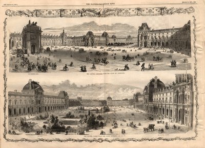 Vistas del Cour Carrée del Louvre en París. Grabado en “The illustrated London News” del 15 de agosto de 1857. de English School