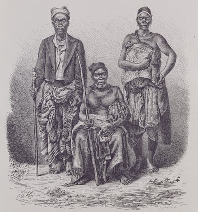 Jefe de aldea de la Costa de Loango, con esposa y dignatario, grabado de una fotografía por el Dr. Falkenstein, de 