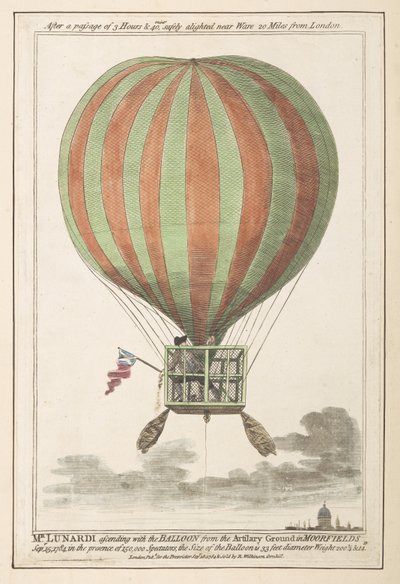 Vincent Lunardi en el aire después de su ascenso desde Moorfields, septiembre de 1784 (grabado en color) de English School