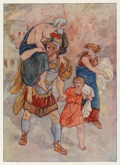 La Eneida de Virgilio: La huida de Troya (litografia en color) de English School