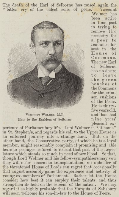 Vizconde Wolmer, MP, heredero del condado de Selborne (grabado) de English School