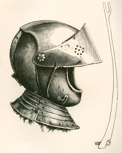 Casco con visera de hacia 1643. La pieza del lateral es el puntal de la visera, de tamaño natural, utilizado para mantener la visera en diferentes ángulos según la muesca utilizada, de The British Army: Its Origins, Progress and Equipment, publicado en 186 de English School
