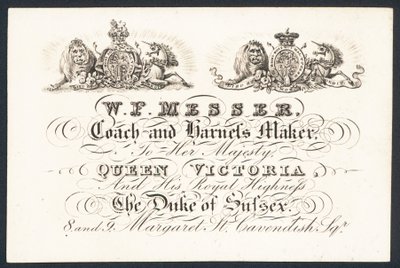W F Messer, fabricante de coches y arneses para su majestad la Reina Victoria y el Duque de Sussex, tarjeta comercial de English School