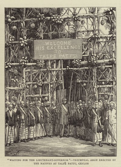 Esperando al Teniente-Gobernador, arco triunfal erigido por los nativos en Talpe Pattu, Ceilán (grabado) de English School