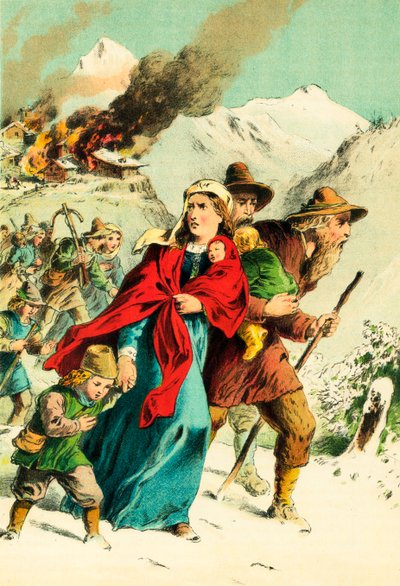 Los valdenses huyendo del pueblo en llamas de English School