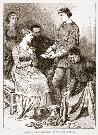 Misioneros valdenses disfrazados de vendedores ambulantes, ilustración de La Historia del Protestantismo por James Aitken Wylie (1808-1890), pub. 1878 de English School