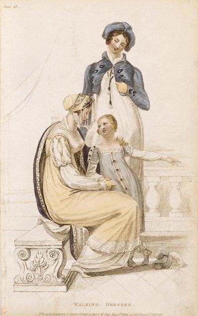 Vestidos de paseo, lámina de moda de Ackermanns Repository of Arts, pub. 1 de junio de 1809 de English School