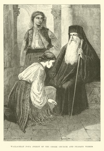Popa valaco, sacerdote de la Iglesia Griega, y campesinas de English School