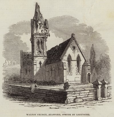Iglesia de Walton, Stafford, alcanzada por un rayo (grabado) de English School