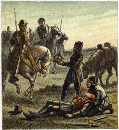 Guerra de las Dos Rosas: muerte del Rey Ricardo III (1452-1485) durante la Batalla de Bosworth Field, el 22/08/1485 entre Ricardo III y Enrique, Duque de Richmond. Este último recibió la corona del rey depuesto y se convirtió en Enrique VII conocido como E de English School