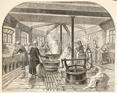Lavandería en la prisión de Brixton, ilustración de Las prisiones criminales de Londres y escenas de la vida en prisión de Henry Mayhew y John Binny, pub. 1862 de English School