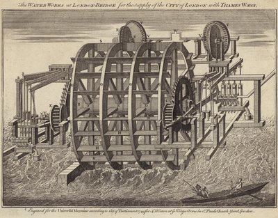 Obras hidráulicas en el Puente de Londres (grabado) de English School