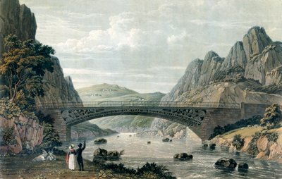 Puente de Waterloo sobre el río Conwy, Gales (grabado en color) de English School