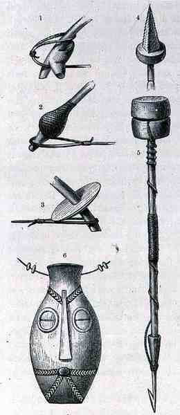 Armas, amuleto y arpón de Manyema, de La Historia de la Humanidad, Vol.III, por Prof. Friedrich Ratzel, 1898 de English School
