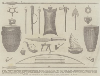 Armas e implementos de las tribus de África Central, visitadas por el Sr. S. W. Baker (grabado) de English School