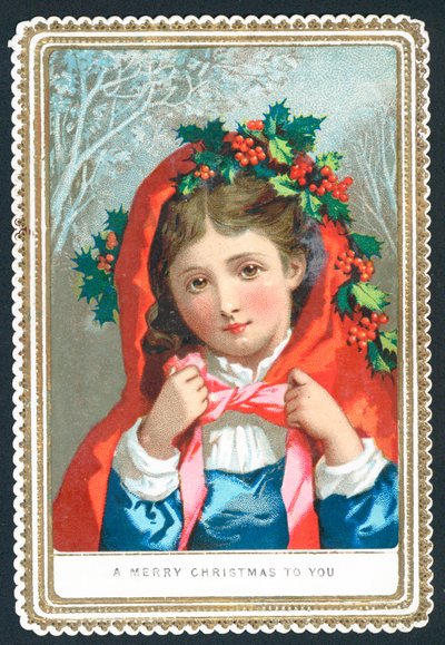 Llevando un chal adornado con acebo, tarjeta de Navidad de English School