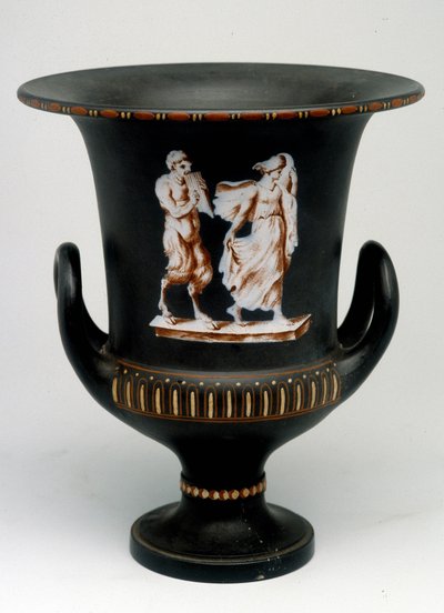 Jarrón Wedgwood que representa a una joven y un sátiro de cerámica negra pintado "con la encáustica". Inglaterra, alrededor de 1775 - 1790. Oficina de Medallas, BN en París de English School