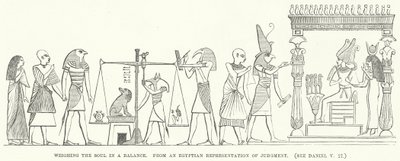 Pesando el alma en una balanza, de una representación egipcia del juicio (grabado) de English School