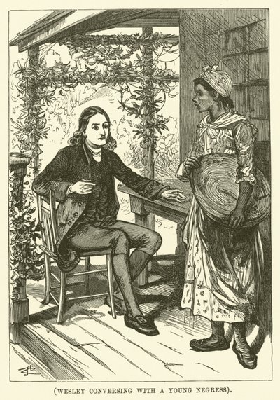 Wesley conversando con una joven negra (grabado) de English School