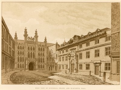 Vista oeste de la Capilla del Guildhall, Londres, y Blackwell Hall de English School