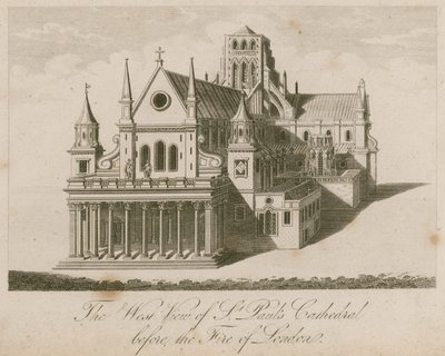 Vista oeste de la Catedral de San Pablo, antes del Gran Incendio de Londres de English School