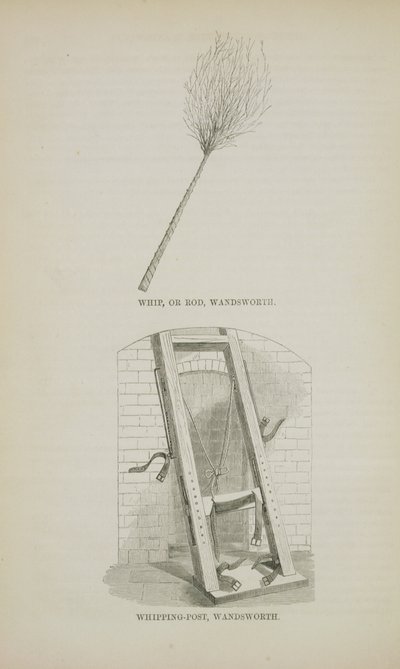Látigo o Vara y Poste de Azotes en Wandsworth, de Las Prisiones Criminales de Londres y Escenas de la Vida en Prisión por Henry Mayhew y John Binny, 1862 de English School