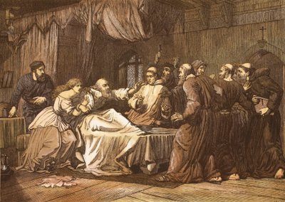 Wicliffe en su lecho de muerte asaltado por Frailes, grabado por T. Bolton de English School