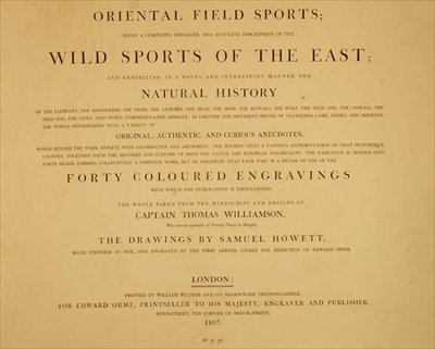 Deportes Salvajes del Este: frontispicio de "Deportes de Campo Orientales, una Colección de Dibujos", pub. por Edward Orme de English School