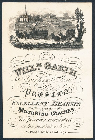William Garth, proveedor de excelentes coches fúnebres y coches de luto, tarjeta comercial de English School