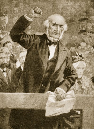 William Gladstone hablando en una reunión en Liverpool el 24 de septiembre de 1896 de English School