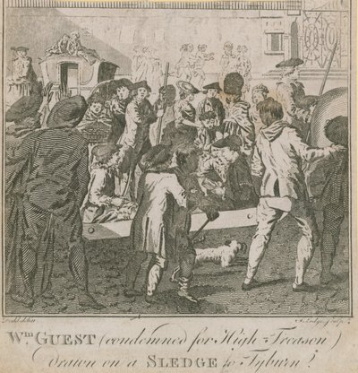 William Guest, condenado por alta traición, llevado en un trineo a Tyburn de English School