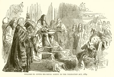 Guillermo III dando su consentimiento real a la Ley de Tolerancia, 1689 de English School