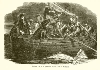 Guillermo III en un bote abierto frente a la costa de Holanda de English School
