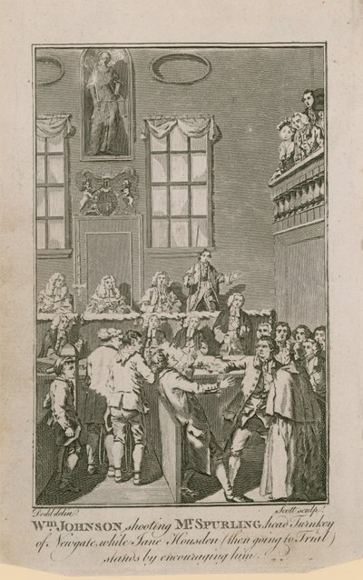 William Johnson disparando al Sr. Spurling, jefe de Newgate, mientras Jane Housden (entonces en juicio) lo anima de English School