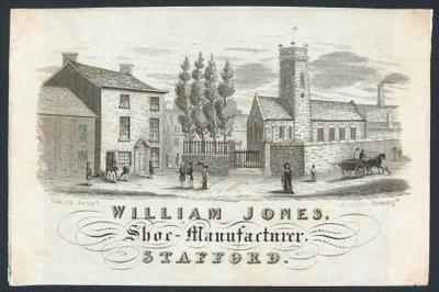 William Jones, fabricante de zapatos, tarjeta comercial de English School