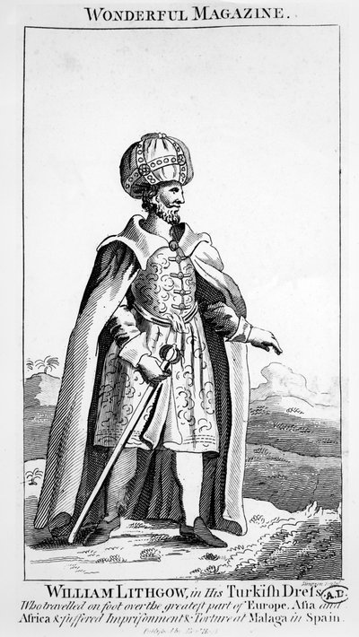 William Lithgow con su vestido turco, ilustración de Revista Maravillosa, c.1750-90 de English School