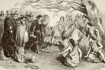 William Penn firma un tratado con los indios Delaware o Lenape en 1682 (litografía) de English School