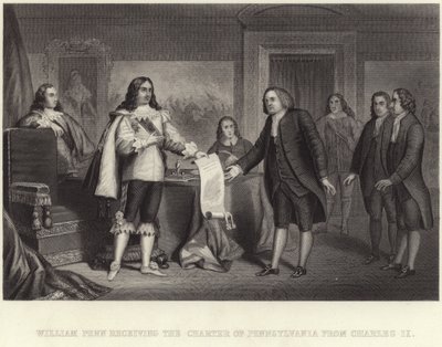 William Penn recibiendo la Carta de Pensilvania de Carlos II de English School