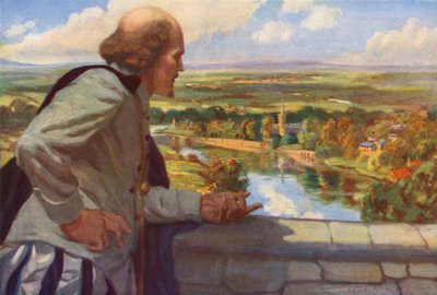 William Shakespeare mirando hacia Inglaterra (litografia en color) de English School