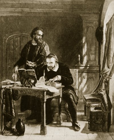 William Tyndale traduciendo el Nuevo Testamento, ilustración de la Historia de la Nación Británica de Hutchinson, c.1923 de English School