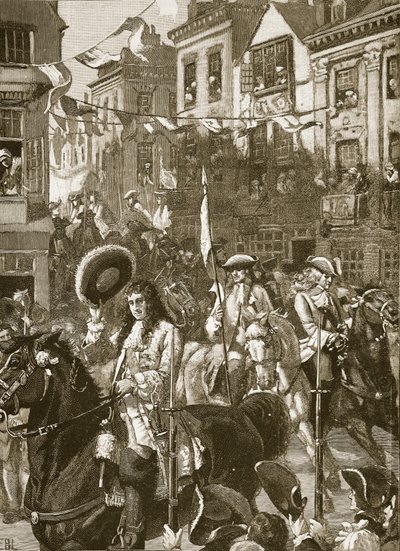 Procesión triunfal de William hacia Whitehall, ilustración de Cassells Illustrated History of England de English School