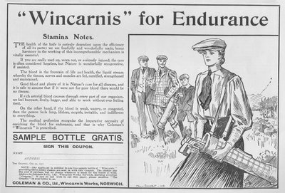 Wincarnis para la resistencia, anuncio de The Graphic, 27 de octubre de 1906 de English School
